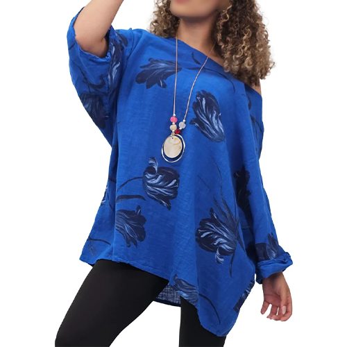 12062007-9686g Tulip Print Necklace Plus Size Top
