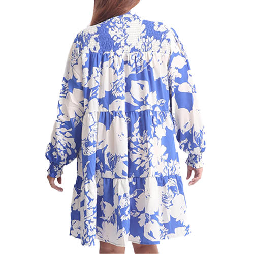 30326409-CN0121c Abstract Leaf Print Shirred Neck Dress