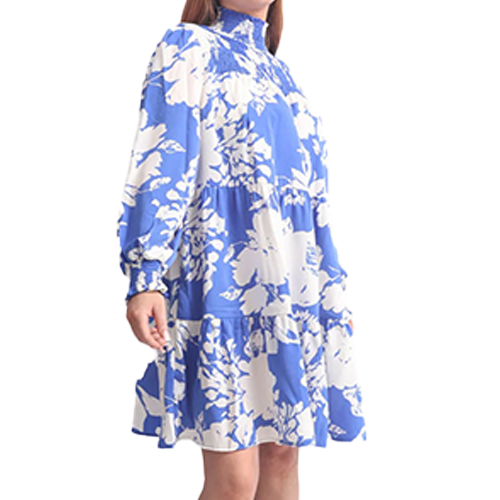 Abstract Leaf Print Shirred Neck Dress