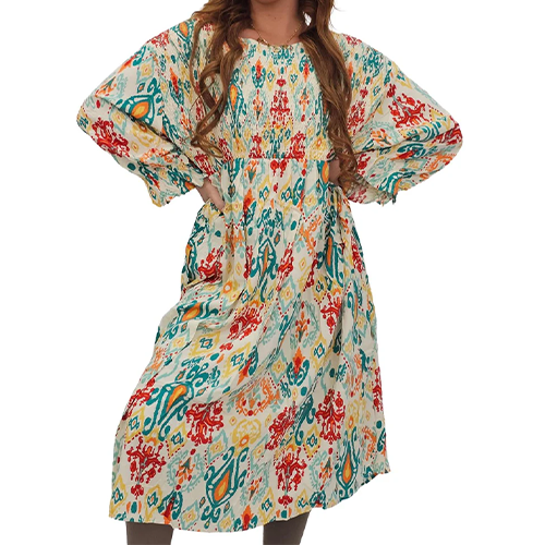 Abstract Aztec Print Oversized Shirred Detail Dress