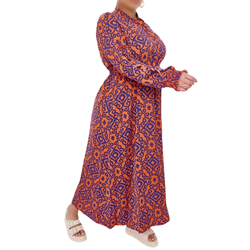 38329116-1255b Aztec Print Shirred Cuff Drawstring Waist Dress