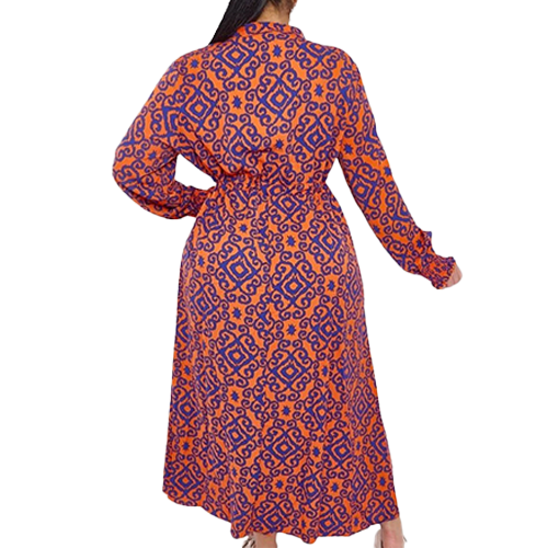 38329116-1255c Aztec Print Shirred Cuff Drawstring Waist Dress